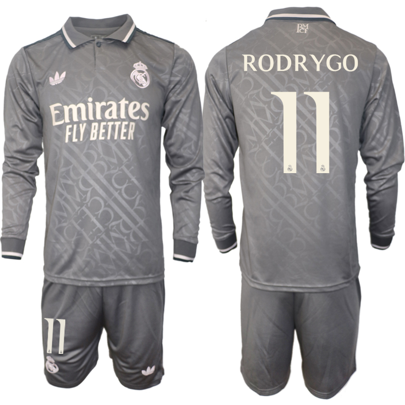 Men 2024-2025 Club Real Madrid away Long Sleeves Grey #11 Soccer Jersey->real madrid jersey->Soccer Club Jersey